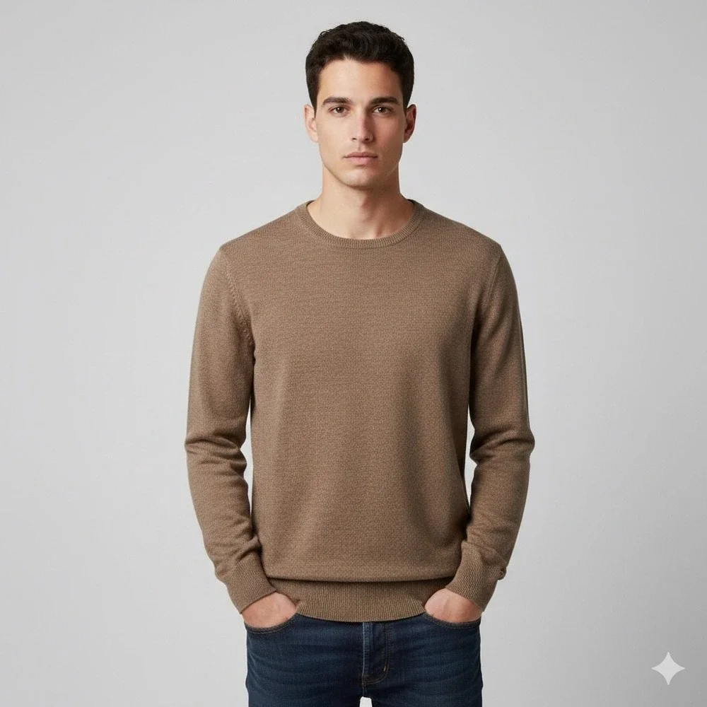 J.Crew Mens Size Medium Merino Wool Blend Crewneck Sweater Preppy Brown Pullover
